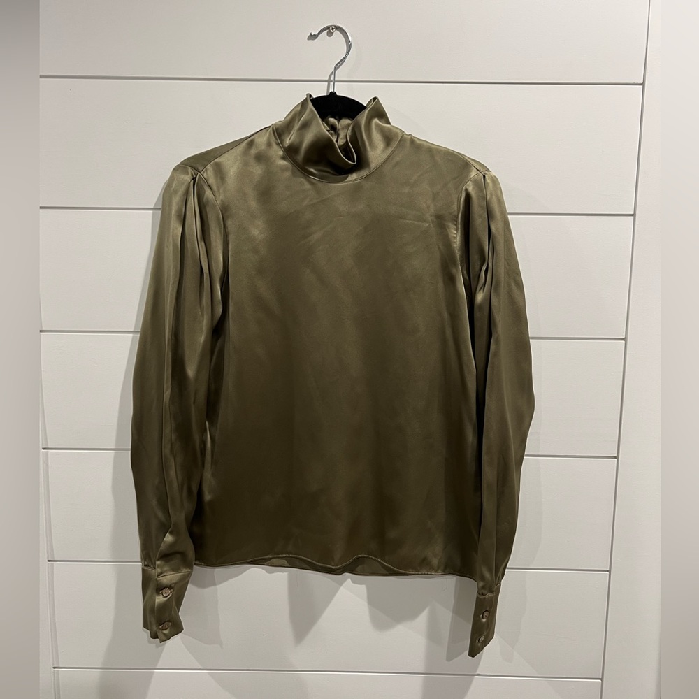 Sablyn Olive Satin High-Neck Blouse